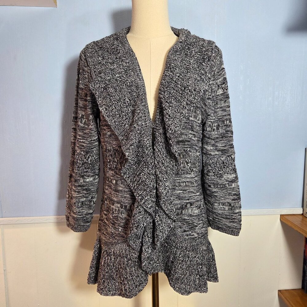 Style & Co Petite Large Black White Longsleeve Open Waterfall Ruffled Cardigan